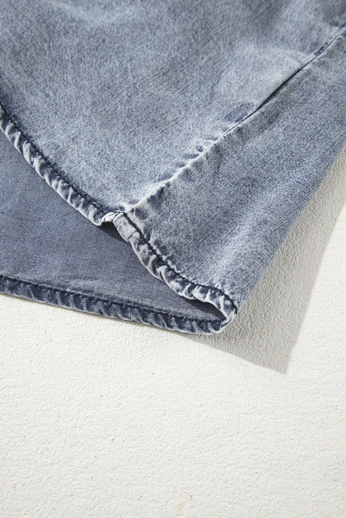Solid Sleeveless Ruffled Shirred Neckline Denim Tank Top