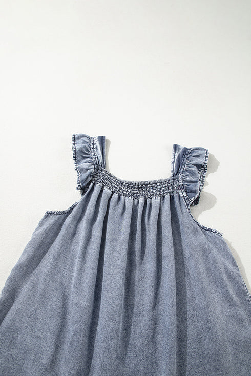 Solid Sleeveless Ruffled Shirred Neckline Denim Tank Top