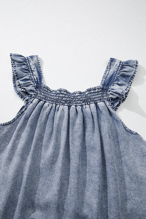 Solid Sleeveless Ruffled Shirred Neckline Denim Tank Top