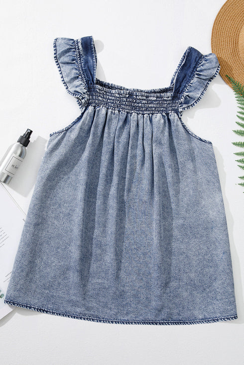 Solid Sleeveless Ruffled Shirred Neckline Denim Tank Top
