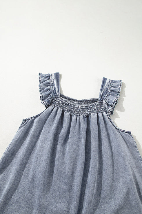 Solid Sleeveless Ruffled Shirred Neckline Denim Tank Top