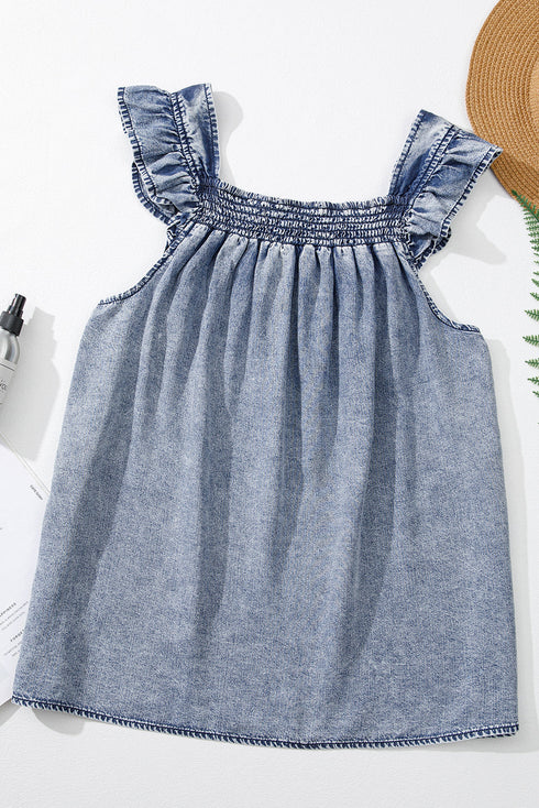Solid Sleeveless Ruffled Shirred Neckline Denim Tank Top