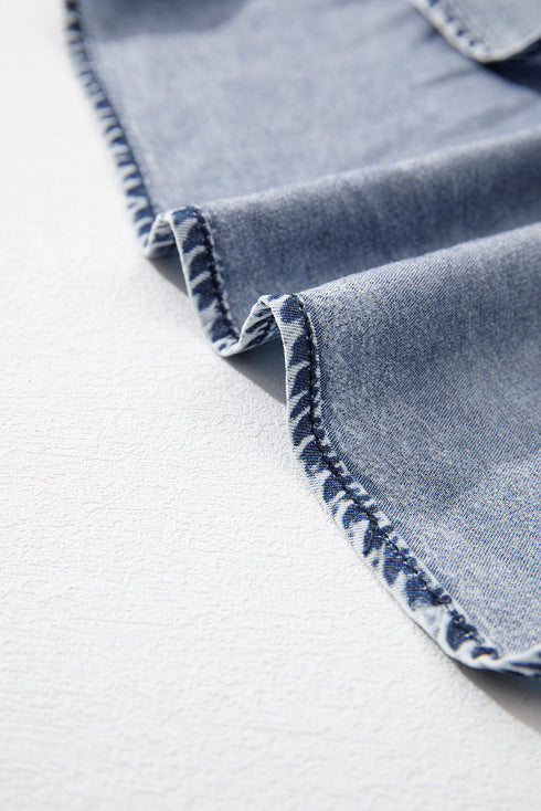 Solid Sleeveless Ruffled Shirred Neckline Denim Tank Top