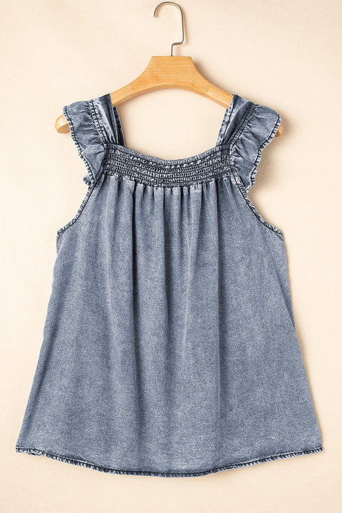 Solid Sleeveless Ruffled Shirred Neckline Denim Tank Top