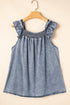 Solid Sleeveless Ruffled Shirred Neckline Denim Tank Top