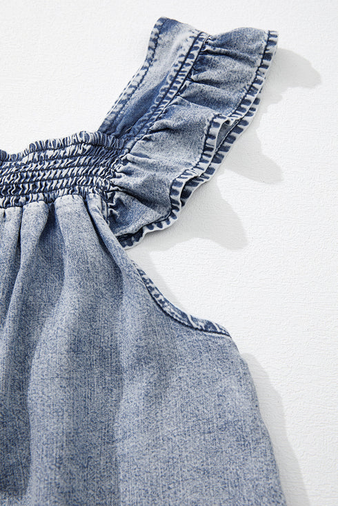 Solid Sleeveless Ruffled Shirred Neckline Denim Tank Top