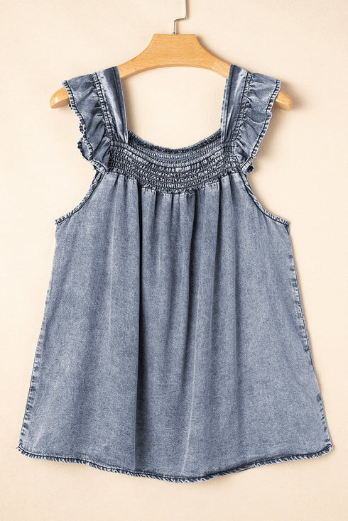 Solid Sleeveless Ruffled Shirred Neckline Denim Tank Top