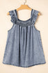 Solid Sleeveless Ruffled Shirred Neckline Denim Tank Top