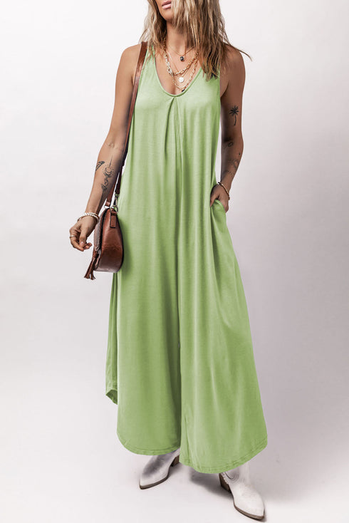 Solid Sleeveless V Neck Pocketed Wide Leg Jumpsuit