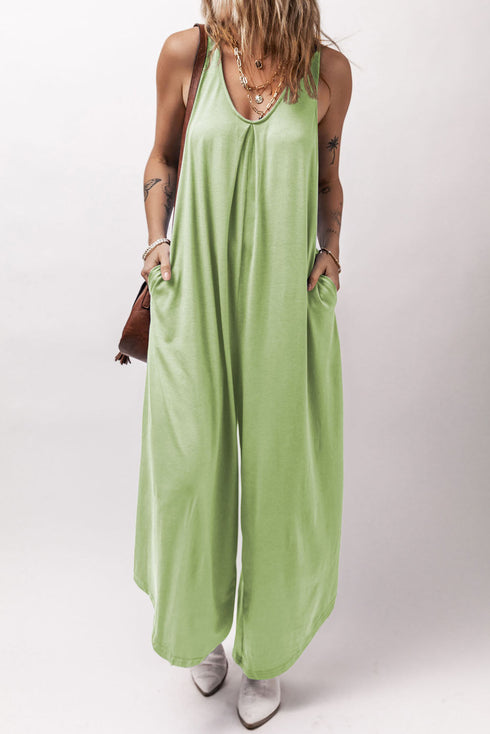 Solid Sleeveless V Neck Pocketed Wide Leg Jumpsuit