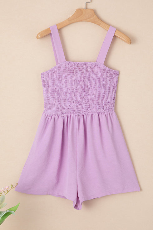 Solid Smocked Bodice Sleeveless Pocketed Romper