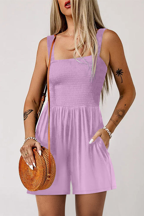 Solid Smocked Bodice Sleeveless Pocketed Romper