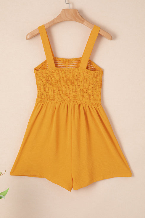 Solid Smocked Bodice Sleeveless Pocketed Romper