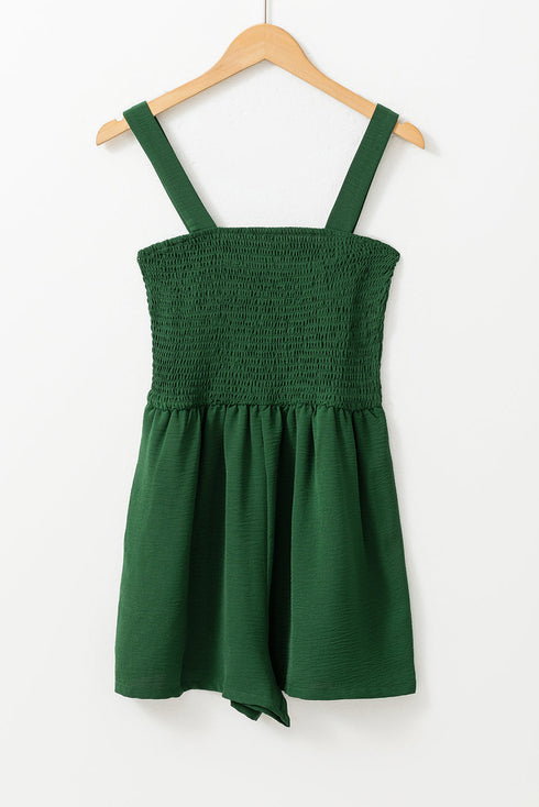 Solid Smocked Bodice Sleeveless Pocketed Romper