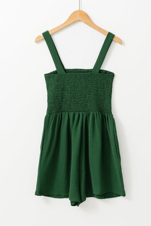 Solid Smocked Bodice Sleeveless Pocketed Romper