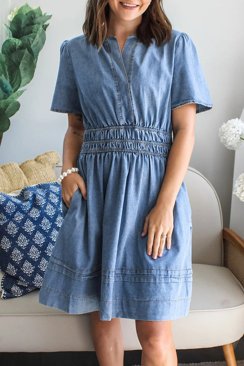 Solid Smocked Elastic Waist Short Sleeve Denim Mini Dress