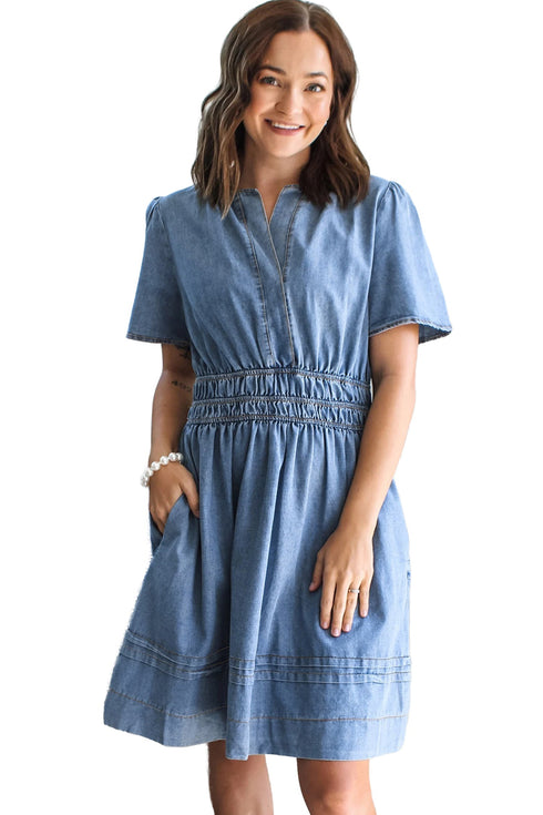 Solid Smocked Elastic Waist Short Sleeve Denim Mini Dress