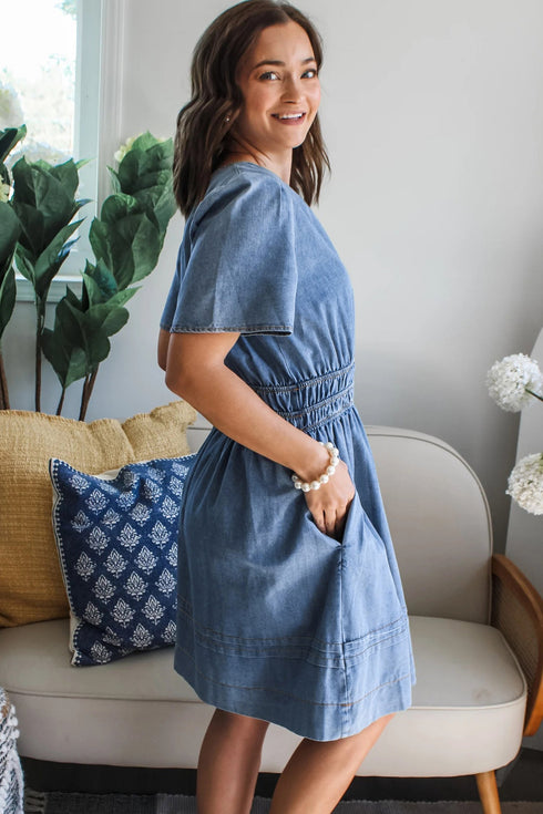 Solid Smocked Elastic Waist Short Sleeve Denim Mini Dress