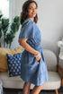 Solid Smocked Elastic Waist Short Sleeve Denim Mini Dress