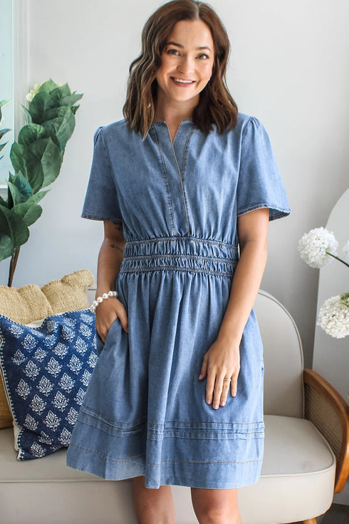 Solid Smocked Elastic Waist Short Sleeve Denim Mini Dress