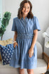 Solid Smocked Elastic Waist Short Sleeve Denim Mini Dress