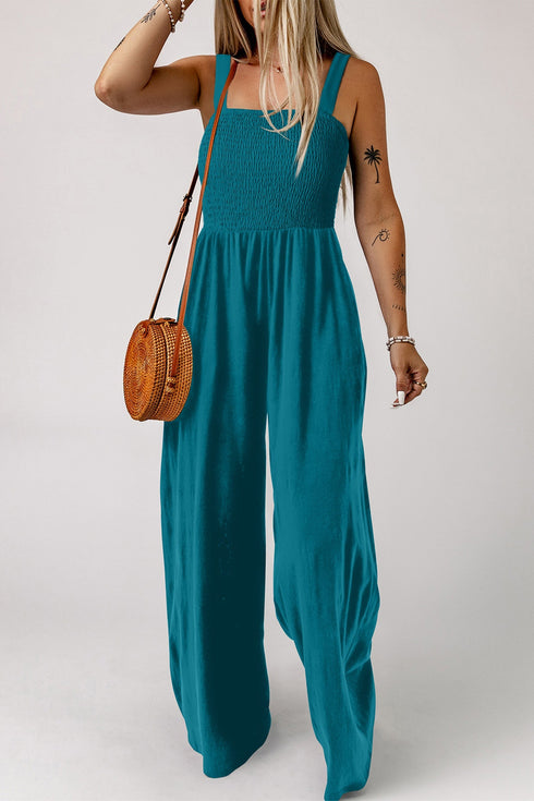 Solid Smocked Square Neck Sleeveless Pocket Jumpsuit