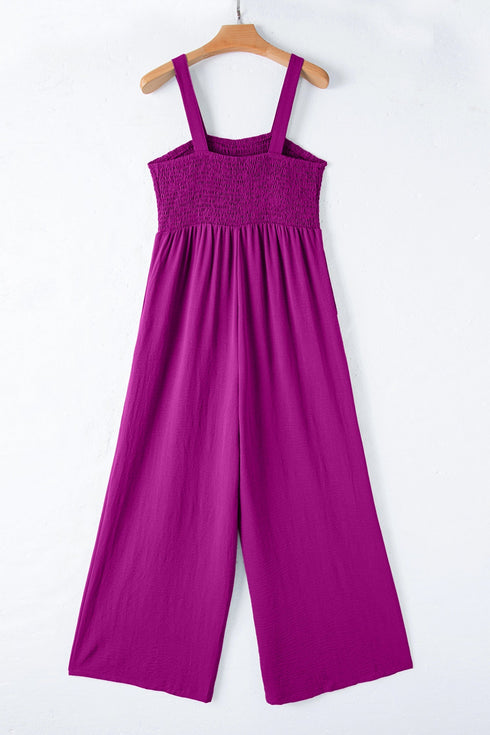 Solid Smocked Square Neck Sleeveless Pocket Jumpsuit