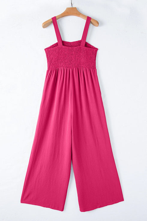 Solid Smocked Square Neck Sleeveless Pocket Jumpsuit