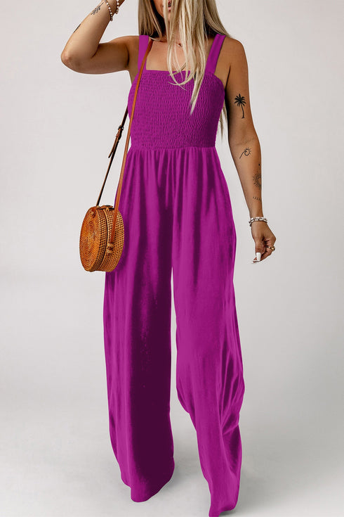 Solid Smocked Square Neck Sleeveless Pocket Jumpsuit