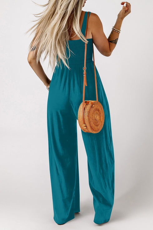 Solid Smocked Square Neck Sleeveless Pocket Jumpsuit