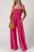 Solid Smocked Square Neck Sleeveless Pocket Jumpsuit