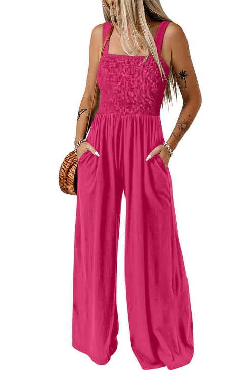 Solid Smocked Square Neck Sleeveless Pocket Jumpsuit