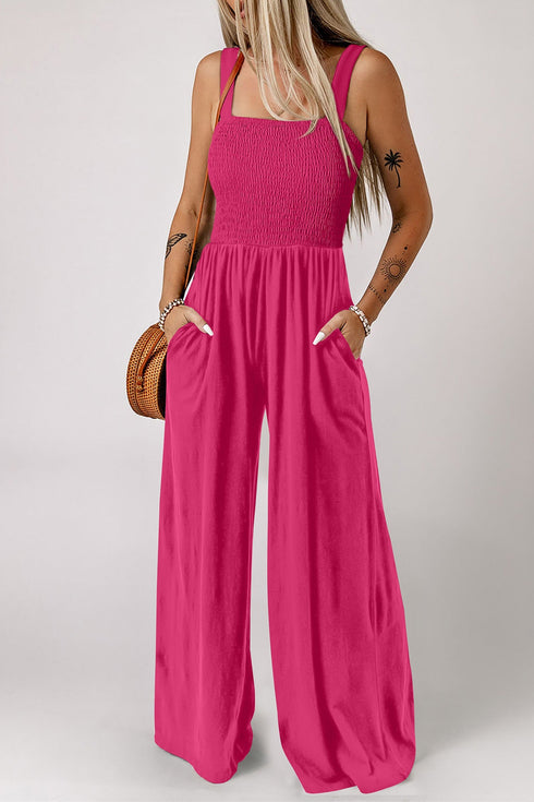 Solid Smocked Square Neck Sleeveless Pocket Jumpsuit