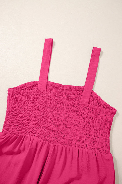 Solid Smocked Square Neck Sleeveless Pocket Jumpsuit