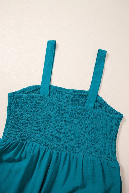 Solid Smocked Square Neck Sleeveless Pocket Jumpsuit