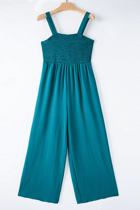 Solid Smocked Square Neck Sleeveless Pocket Jumpsuit