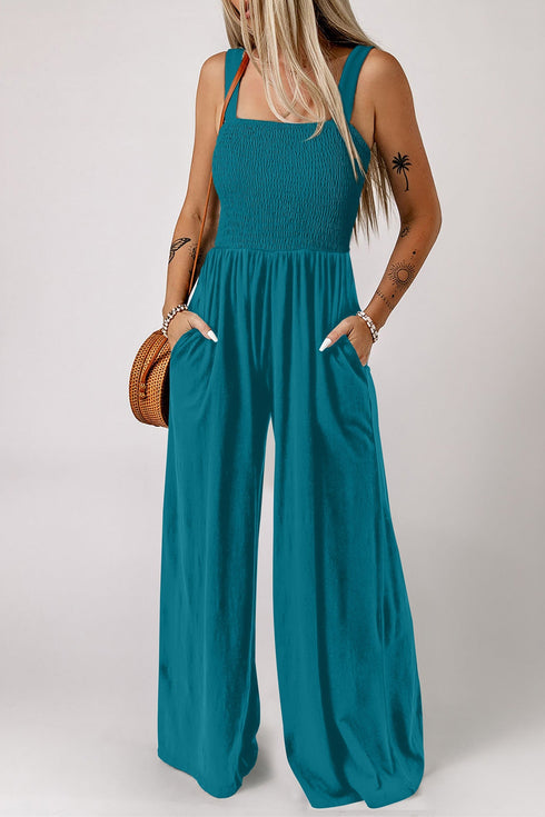 Solid Smocked Square Neck Sleeveless Pocket Jumpsuit