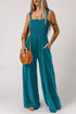 Solid Smocked Square Neck Sleeveless Pocket Jumpsuit