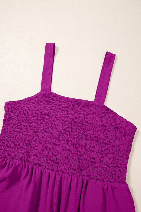 Solid Smocked Square Neck Sleeveless Pocket Jumpsuit
