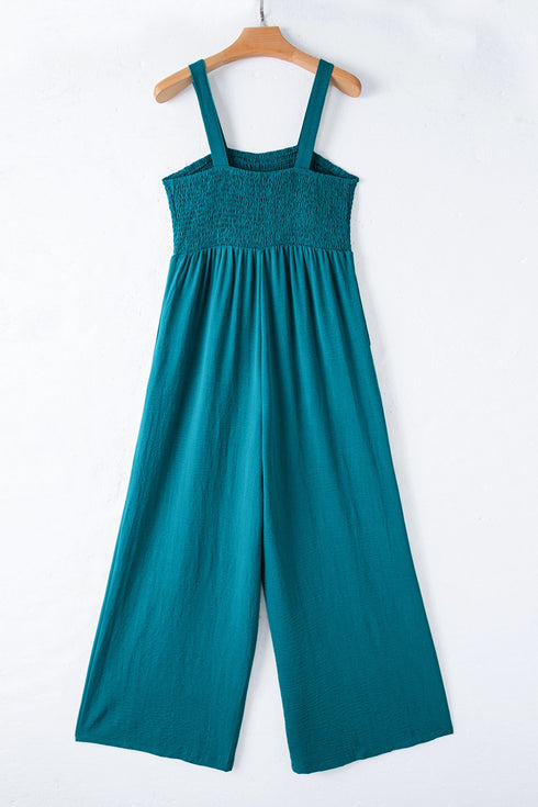 Solid Smocked Square Neck Sleeveless Pocket Jumpsuit