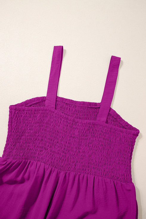 Solid Smocked Square Neck Sleeveless Pocket Jumpsuit