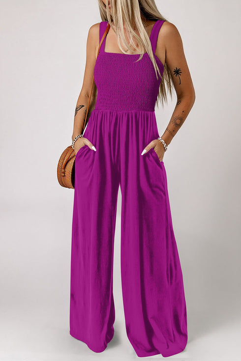 Solid Smocked Square Neck Sleeveless Pocket Jumpsuit