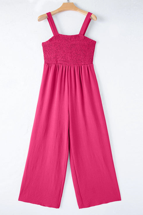 Solid Smocked Square Neck Sleeveless Pocket Jumpsuit