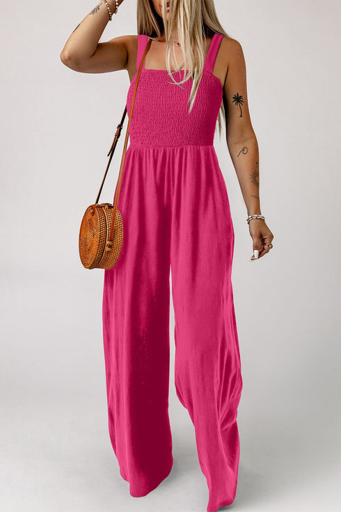Solid Smocked Square Neck Sleeveless Pocket Jumpsuit