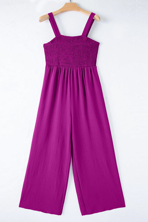 Solid Smocked Square Neck Sleeveless Pocket Jumpsuit
