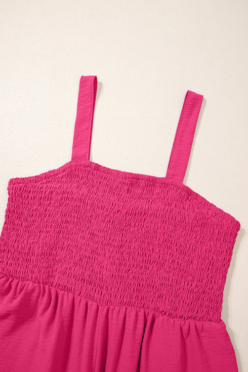 Solid Smocked Square Neck Sleeveless Pocket Jumpsuit
