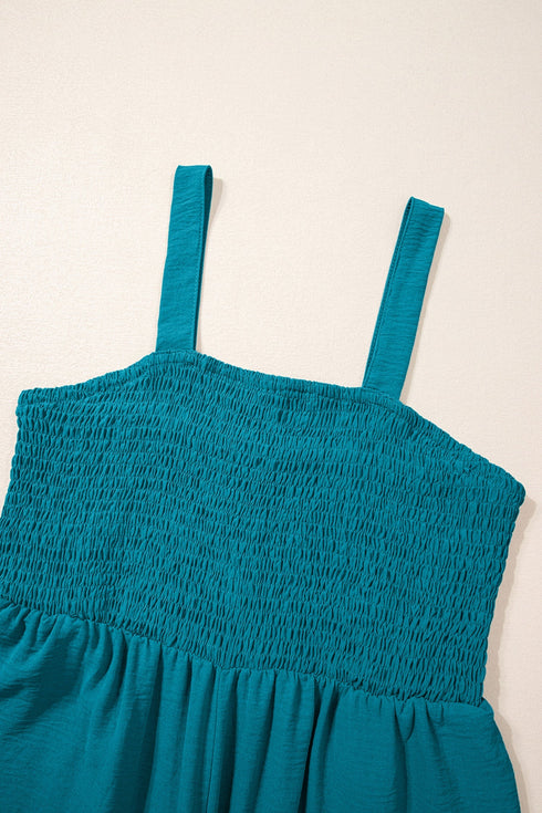 Solid Smocked Square Neck Sleeveless Pocket Jumpsuit