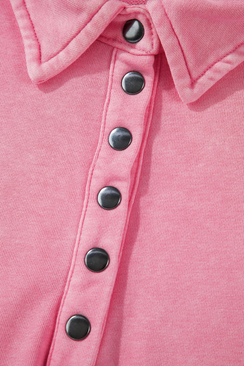 Solid Snap Buttons Collared Balloon Sleeve Oversized Sweatshirt
