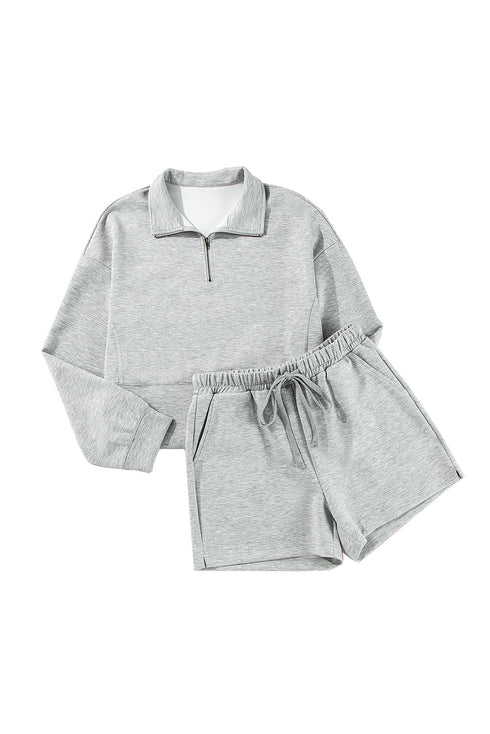 Solid Stand Neck Zipped Sweatshirt Casual Short Sets