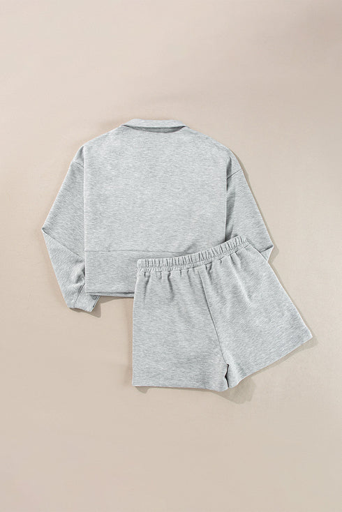 Solid Stand Neck Zipped Sweatshirt Casual Short Sets